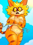 5_fingers anthro big_breasts bikini black_nose blonde_hair breast_squish breasts cheek_tuft clothing cloud covering covering_breasts covering_self eyelashes eyewear facial_tuft fangs female fingers freckled_breasts freckled_face freckles frown fur fur_tuft glasses gold_bikini hair markings nails navel open_frown open_mouth orange_body orange_fur sharp_nails sky solo squish striped_body striped_fur striped_markings striped_tail stripes swimwear tail tail_markings teeth tongue tuft two-piece_swimsuit wardrobe_malfunction wearing_glasses yellow_sclera roboticsteve ring_cats crimson_(roboticsteve) domestic_cat felid feline felis mammal 2025 absurd_res digital_drawing_(artwork) digital_media_(artwork) hi_res