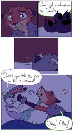 anthro bed bedding blanket bodily_fluids breaking_tension dialogue duo female fur furniture grabbing_hand grey_body grey_fur lying male orange_body orange_fur pointy_ears rabbit_ears tears teasing_partner text hahstudios disney zootopia judy_hopps nick_wilde canid canine european_rabbit fox lagomorph leporid mammal oryctolagus rabbit red_fox true_fox comic english_text