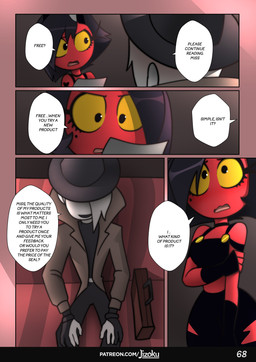 clothing dialogue duo female fingerless_gloves gloves handwear hat headgear headwear male markings mole_(marking) small_waist speech_bubble suitcase text tron_clothing jizoku hellaverse helluva_boss millie_(helluva_boss) humanoid imp 2025 absurd_res comic english_text hi_res url