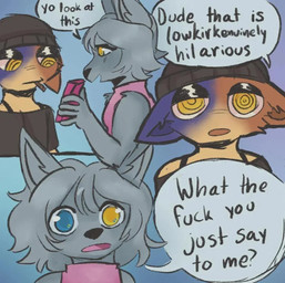 anthro beanie black_beanie black_clothing black_hat black_headwear black_shirt black_topwear blue_body blue_fur cigarette clothing dialogue duo electronics female female/female fur grey_body grey_fur hat headgear headwear heterochromia holding_object holding_phone humor multicolored_body no_pupils orange_body orange_fur phone pink_clothing pink_shirt pink_topwear profanity shirt simple_background slang speech_bubble substance_intoxication tan_body tan_fur text topwear vulgarity itsnamiko epic_games fortnite meow_skulls wolfie_(fortnite) calico_cat canid canine canis domestic_cat felid feline felis mammal wolf english_text
