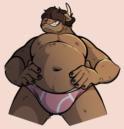 5_fingers anthro belly briefs brown_hair clothing fingers hair horn low-angle_view male navel nipples pink_briefs pink_clothing pink_underwear simple_background solo stocky teeth_showing underwear white_seam_briefs blueovenmitts jay_(blueovenmitts) bovid bovine cattle highland_cattle mammal absurd_res chromatic_aberration hi_res