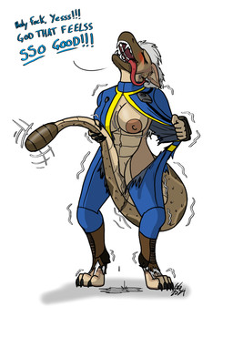 anthro big_breasts blush bodily_fluids breast_growth breasts claws clothing dialogue dripping female gender_transformation genital_fluids growth hair imminent_sex long_tongue looking_pleasured masturbation mtf_transformation multicolored_hair nipples paws puddle rattle_(anatomy) shaking sharp_teeth solo tail tail_fetish tail_growth tail_masturbation tail_play teeth tongue tongue_out torn_clothing transformation vaginal_fluids vault_suit goldengryphon fallout microsoft jade_(goldengryphon) canid canine canis coyote hybrid mammal night_stalker_(fallout) reptile scalie snake hi_res