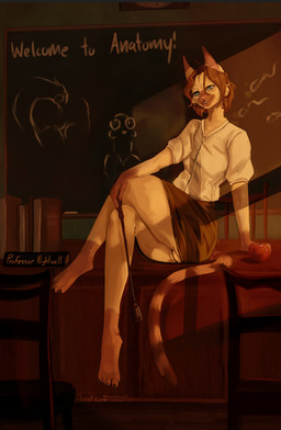 anthro apple black_nails blouse blue_eyes book bottomwear brown_hair camel_toe chair chalkboard classroom classroom_desk claws clothed clothing colored_nails female food fruit furniture grin hair leg_markings markings nails pencil_skirt pink_nose plant professor riding_crop school sitting skirt smile socks_(marking) solo striped_markings striped_tail stripes tail tail_markings tired_eyes topwear whip tsunekitsune domestic_cat felid feline felis mammal siamese