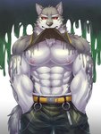 abs anthro biceps clothed clothing clothing_lift green_eyes male muscular muscular_anthro muscular_male nipples pecs red_sclera shirt shirt_lift solo topwear weedwolf weedwolfeatmeat lifewonders live_a_hero monomasa canid canine canis domestic_dog husky mammal nordic_sled_dog spitz 3:4 hi_res