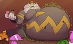 2024 anthro belly big_belly bodily_fluids cake dessert dusknoir food furniture generation_4_pokemon hi_res itzamug male nintendo obese overweight pokemon pokemon_(species) rumbling_stomach solo stuffing sweat table