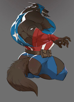 5_fingers anthro black_nose bodily_fluids bodysuit brown_body brown_fur bulge bulge_from_behind butt clothed clothed_anthro clothed_male clothing drooling exposed_butt fangs fingers fur gloves handwear humanoid_hands male muscular muscular_anthro muscular_male saliva skinsuit solo tail teeth tight_clothing torn_bodysuit torn_clothing torn_gloves torn_handwear torn_skinsuit colatree_dog marvel mythology captain_america capwolf canid canine mammal mythological_canine mythological_creature werecanid werecanine werecreature werewolf hi_res