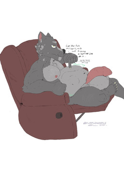 abdominal_bulge anthro balls belly big_balls big_belly big_penis body_hair chair chest_hair dialogue foreskin fur furniture genitals grey_body grey_fur huge_balls huge_penis male male_pred mature_male penis rumbling_stomach same_size_vore sitting text tight_foreskin vore purplen00dle canid canine canis mammal wolf english_text hi_res