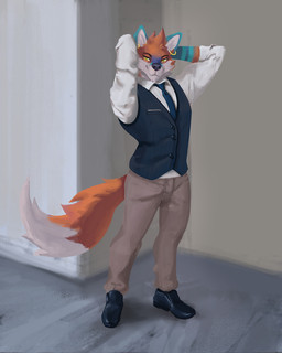 anthro clothed clothing ear_piercing hands_behind_head looking_at_viewer male piercing smile solo standing harufeng canid canine fox mammal 4:5 absurd_res hi_res