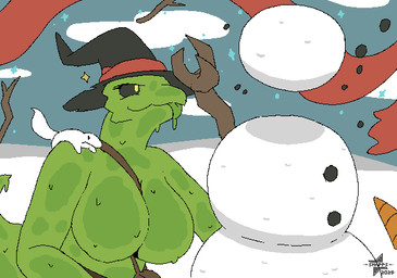 big_breasts breasts clothing female hat headgear headwear magic nude outside snow snowman solo winter wizard_hat snapps goo_creature animated