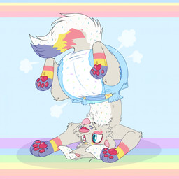 ambiguous_gender anthro big_diaper blue_body blue_fur blue_tail clean_diaper clothed clothing cloud_emanata cute_fangs diaper diaper_only diaper_puff emanata fangs floppy_ears fur gloves_(marking) grey_body grey_fur grey_tail heterochromia markings multicolored_body multicolored_fur multicolored_tail pattern_background pawpads pink_inner_ear pink_nose rainbow rainbow_background red_body red_fur red_pawpads red_tail simple_background smile solo sprinkles sprinkles_in_fur sprinkles_on_tail striped_background tail teeth tongue tongue_out topless upside_down wearing_diaper whisker_spots white_body white_fur yellow_body yellow_fur yellow_tail jupiters funfetti_(sanicgamer1999) canid canine canis domestic_dog mammal sprinkledog 2025 hi_res letterbox