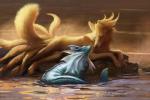 detailed_background duo eyes_closed feral fin fur multi_tail partially_submerged paws realistic rock sea tail text water whiskers arvalis nintendo pokemon canid canine eeveelution generation_1_pokemon mammal ninetales pokemon_(species) vaporeon 2019 absurd_res detailed digital_media_(artwork) english_text hi_res