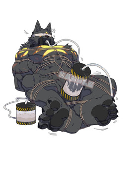 4_toes anthro balls bdsm biceps black_pawpads bodily_fluids bondage bound cloth_gag collar cum cum_in_container erection feet frogtied gag genital_fluids genitals hands_behind_back humanoid_genitalia humanoid_penis legs_tied lying male muscular pawpads penile penis penis_milking reclining restraints rope rope_bondage rope_harness shaking simple_background solo three-quarter_view toes white_background littleblackalas canid canine canis mammal wolf hi_res watermark