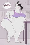 anthro belly big_belly big_butt black_hair blush bra butt clothing cupboard eyeshadow female fur hair huge_belly huge_butt kitchen kitchen_table knife leaning_on_object leaning_on_table long_hair makeup mascara navel obese open_mouth overweight overweight_female panties purple_bra purple_clothing purple_eyes purple_eyeshadow purple_panties purple_underwear solo tail underwear white_body white_fur aucherr lagomorph leporid mammal rabbit 2023 absurd_res hi_res