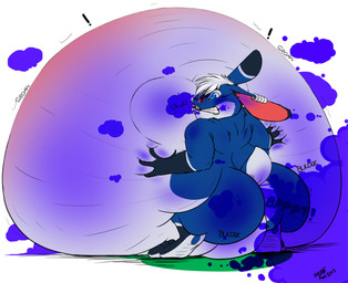 belly belly_blush belly_expansion big_belly blue_body blue_eyes blue_fart_cloud blue_fur blush body_blush close_to_bursting exclamation_point expansion fart fart_cloud fart_fetish fart_inflation fur gas_buildup groan hair hand_on_belly huge_belly hyper hyper_belly hyper_inflation implied_popping inflation motion_lines onomatopoeia sound_effects text white_body white_fur white_hair riis alkora_zarethi lagomorph leporid mammal rabbit 2013 dated signature