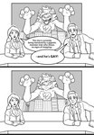 anthro building chest_tuft claws clothed clothing confusion desk dialogue female fur furniture group hair humor looking_at_viewer macro male news open_mouth raised_arm reporter table teeth text trio tuft axellycan_(artist) nintendo pokemon generation_7_pokemon human lycanroc mammal pokemon_(species) comic digital_media_(artwork) english_text monochrome