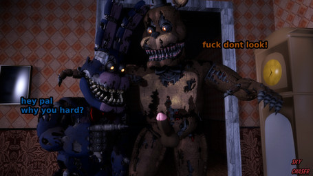 angry balls bow_tie clothing dialogue duo erection genitals gesture hand_gesture hat headgear headwear kneeling looking_down machine male male/male penis pointing pointing_at_penis sharp_teeth surprised teeth text sky_chaser five_nights_at_freddy's five_nights_at_freddy's_4 scottgames nightmare_bonnie_(fnaf) nightmare_freddy_(fnaf) animatronic bear lagomorph leporid mammal rabbit robot robot_anthro 16:9 3d_(artwork) digital_media_(artwork) english_text hi_res source_filmmaker_(artwork) widescreen