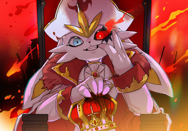 abstract_background anthro bicorne blood blood_stain blue_eyes bodily_fluids chair clenched_teeth clothed clothing clothing_in_mouth crown destruction eye_mist fire front_view fur_trim_(clothing) furniture gloves grin handwear hat headgear headwear heterochromia jacket looking_at_viewer male male_anthro mantle on_throne pirate red_eyes removing_gloves sitting smile solo teeth throne topwear white_clothing white_gloves white_handwear white_jacket white_topwear zdx nintendo pokemon fan_character cinderace generation_8_pokemon lagomorph mammal pokemon_(species) 2025 half-length_portrait hi_res icon portrait