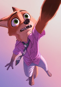 anthro bottomwear clothed clothing fangs feet fingers fur male necktie open_mouth pants shirt simple_background solo teeth toes topwear nyeong disney zootopia nick_wilde canid canine fox mammal red_fox true_fox digital_media_(artwork) hi_res