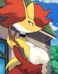 2023 anthro areola arm_tuft bare_breasts big_breasts black_body breast_rest breasts building canid canine casual_nudity chest_tuft choker choker_only claws cloud compression_artifacts delphox dodudoru exposure_variation female fur generation_6_pokemon half-closed_eyes hi_res holding_breast holding_object holding_stick house inner_ear_fluff inverted_nipples jewelry jewelry_only looking_aside looking_away mammal mature_anthro mature_female mouth_closed narrowed_eyes neck_tuft necklace necklace_only nintendo nipples nude orange_eyes outdoor_nudity outside plant pokemon pokemon_(anime) pokemon_(species) pupils red_body red_eyes red_fur red_nose screencap screencap_background sky slit_pupils snout solo stick tan_areola tan_nipples tree tuft white_body white_fur yellow_body yellow_fur