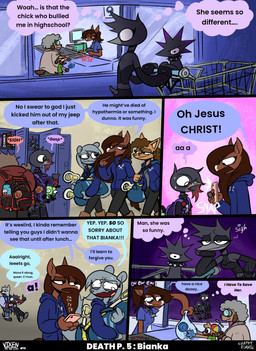 6_panel_comic alternative_fashion anthro brown_hair clothing collared_shirt dialogue elderly_anthro elderly_female emo female goth group hair half-closed_eyes highlights_(coloring) hoodie humor inner_monologue male narrowed_eyes nervous nervous_smile polo_shirt red_highlights shirt speech_bubble text thinking thought_bubble topwear wide_eyed young young_anthro young_male happyroadkill orin_owl vixen_"fuck-alliteration"_raven avian bird canid canine canis corvid corvus_(genus) domestic_dog equid equine fox horse mammal oscine passerine raven rodent sciurid tree_squirrel absurd_res comic english_text hi_res trans_(lore) trans_woman_(lore)
