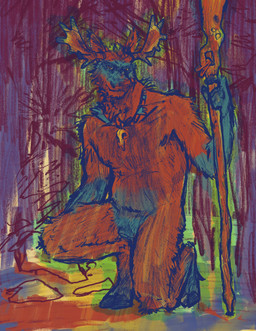 abstract_background andromorph animal_genitalia animal_vulva anthro bodypaint canine_genitalia canine_vulva cookie druid food forest genitals intersex kneeling magic_user plant solo tree tribal_spellcaster vulva murkwater.monster deer mammal moose new_world_deer absurd_res hi_res