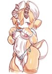 anthro blonde_hair blush breasts camel_toe clothed clothing clothing_lift female hair horn looking_aside navel nipples shirt shirt_lift simple_background solo topwear underwear white_background yellow_body halsione antelope bovid gazelle mammal 2020 hi_res