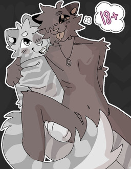 ambiguous_gender anthro blush blush_lines brown_body claws duo fur grey_body hair hair_over_eye jewelry leg_grab looking_at_another necklace on_lap open_mouth ribs shoulder_grab simple_background tail teeth thought_bubble tongue tongue_out mvmvrkio domestic_cat felid feline felis mammal