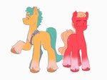 badge blush brown_hooves cutie_mark duo eyebrows feral fetlocks green_hair green_mane green_tail hair half-closed_eyes hooves leg_tuft male mane narrowed_eyes red_body red_hooves simple_background smile tail tan_hair tan_mane tan_tail thick_eyebrows tuft wavy_mouth white_background yellow_body cloudydr0p hasbro mlp_g5 my_little_pony hitch_trailblazer_(mlp) sprout_cloverleaf_(mlp) earth_pony equid equine horse mammal pony 4:3 digital_media_(artwork) hi_res