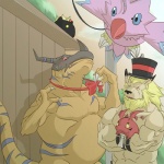 abs anthro biceps group male muscular muscular_male pecs tail reclamon bandai_namco digimon biyomon botamon digimon_(species) felid gigimon greymon leomon mammal 1:1