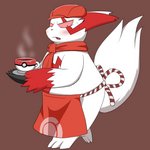 angry anthro apron beverage blush clothing coffee coffee_mug container cup embarrassed hat headgear headwear holding_object pokeball serving serving_beverage slightly_chubby solo standard_pokeball tail waiter mofurufu nintendo pokemon pokemon_cafe_remix generation_3_pokemon pokemon_(species) zangoose 1:1