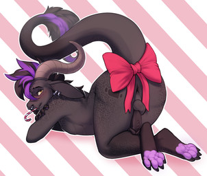 4_toes anthro anus balls black_body black_hair black_scales blush bow_ribbon butt candy candy_cane claws dessert ear_piercing ear_ring facial_piercing feet food genitals hair heart_symbol highlights_(coloring) horn humanoid_genitalia humanoid_penis looking_at_viewer looking_back looking_back_at_viewer male nose_piercing nose_ring nude pawpads paws penis perineum piercing presenting presenting_anus presenting_hindquarters purple_highlights ring_piercing scales scar soles solo toe_claws toes yellow_eyes butteredshep mythology fish_(pathetic_fish) dragon mythological_creature mythological_scalie scalie hi_res