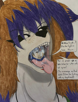 angry antlers armor bangs black_hair black_nose bodily_fluids brown_eyes clothing crop_top dialogue dipstick_ears dipstick_hair dripping duo ear_markings female freckled_face freckles hair head_in_mouth head_on_tongue headgear helmet horn inverted_eyes jewelry male male/female markings mouth_full multicolored_ears neck_bulge necklace ochre_hair oral_vore papillae purple_hair saliva saliva_drip saliva_on_tongue saliva_string shirt speech_bubble teeth tongue tongue_out topwear uvula_on_head vore dylanaildon_no_2 space_hero_(cakeinferno) tirisk_(dylanaildon_no_2) forest_spirit human mammal absurd_res hi_res shaded traditional_media_(artwork)