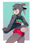 anthro bottomwear butt cheek_tuft clothed clothing clothing_pull dipstick_ears ear_markings ear_tuft facial_tuft fluffy fluffy_tail fully_clothed fur green_background grey_body grey_fur hair head_tuft kemono licking licking_lips licking_own_lips looking_at_viewer looking_back male milestone multicolored_body multicolored_ears multicolored_fur ponytail pose rear_view red_clothing red_underwear self_lick shirt shirt_pull short_ponytail shorts simple_background smile social_media_milestone solo spandex spandex_shorts standing tail tan_body tan_ear_tips tan_fur tank_top teal_eyes tight_bottomwear tight_clothing tight_shorts tongue tongue_out topwear topwear_pull tuft two_tone_body two_tone_fur underwear mawarisaka3 mawarisaka_(character) lagomorph leporid mammal rabbit 3:4 hi_res