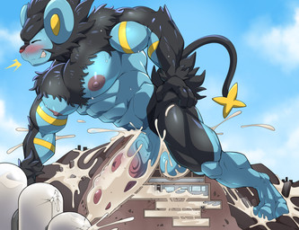 anthro balls big_penis black_body black_fur blue_body blush bodily_fluids clenched_teeth crush cum cum_inside destruction erection excessive_cum excessive_genital_fluids exercise eyes_closed facility flooding fur genital_fluids genitals macro male mountain muscular muscular_male nude orgasm penetration penile penis penis_milking precum push-up sexercise solo tail teeth volcano maldu nintendo pokemon felid generation_4_pokemon luxray mammal pokemon_(species) hi_res
