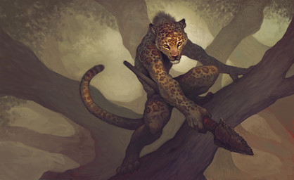 anthro brown_body brown_fur claws crouching fur holding_melee_weapon holding_object holding_polearm holding_spear holding_weapon looking_at_viewer male markings melee_weapon nude plant polearm solo spear spots spotted_body tail tree weapon aldo_dominguez felid mammal 2017 digital_media_(artwork)