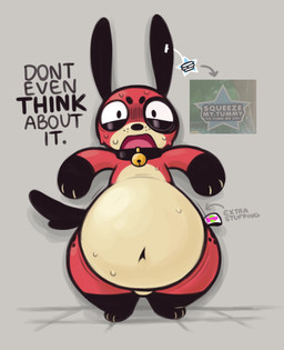 anthro bell bell_collar belly big_belly bodily_fluids bottom_heavy bulge collar dialogue looking_at_viewer male multicolored_body navel null_bulge open_mouth paws pear-shaped_figure plushie plushie_tag solo spots sweat tail text thick_thighs tongue wide_hips zlut385 ranch_(nyyakikki) animate_inanimate living_plushie colored digital_drawing_(artwork) digital_media_(artwork)