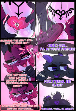 anthro balls black_sclera chest_tuft dialogue erection fur genitals hair hooves horizontal_pupils male male/male membrane_(anatomy) membranous_wings multicolored_body penis pink_body pink_fur pink_hair pupils text tuft white_body white_fur wings halfpricesouls julius_(halfpricesouls) mocha_(halfpricesouls) bovid caprine demon mammal sheep succubus absurd_res comic english_text hi_res