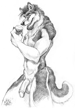 anthro balls beverage claws container cup drinking_glass finger_claws foreskin fur genitals glass glass_container glass_cup holding_container holding_cup holding_drinking_glass holding_object holding_wine_glass humanoid_genitalia humanoid_penis looking_at_viewer male nude_anthro nude_male penis simple_background solo standing tail teeth_showing white_background wine_glass blotch scratches_volume_2 canid canine mammal 2008 hi_res monochrome portrait three-quarter_portrait traditional_media_(artwork)