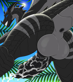 anus backsack balls black_body bodily_fluids butt cum erection excited genital_fluids genitals grey_body grin horn looking_back male markings multicolored_body non-mammal_balls penis plant purple_anus purple_penis rear_view sharp_teeth sky smile solo spots spotted_body striped_body stripes sun tail teeth tree two_tone_body furrypur european_mythology mythology molrid dragon mythological_creature mythological_scalie reptile scalie western_dragon 2021 hi_res