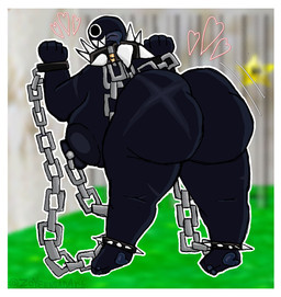 anthro black_body black_nipples blue_tongue bracelet butt butt_focus butt_scar chain chain_leash chained_cuffs collar female heart_symbol jewelry leash leg_scar looking_at_viewer nipple_piercing nipples pawpads piercing scar scars_all_over shaking_butt sharp_teeth solo spiked_bracelet spiked_collar spikes star teeth thigh_scar tongue tongue_out zoyeensadart mario_bros nintendo gigi_(thecoatl034) chain_chomp hi_res