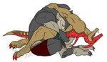 anthro claws clothing duo eyes_closed hug male male/male muscular open_mouth open_smile side_view smile underwear zombie_maykr bioware electronic_arts mass_effect alien krogan varren