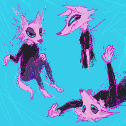 anthro black_clothing black_shirt black_topwear blep blue_background bottomwear breasts cigarette clothed clothing female fur pants pink_body pink_fur purple_bottomwear purple_clothing purple_nose purple_pants shirt simple_background solo tongue tongue_out topwear demensa canid canine canis mammal wolf 2019 digital_media_(artwork) pixel_(artwork)