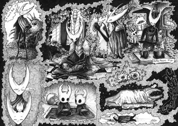 ambiguous_gender angry apron armor ball bed biped black_eyes black_text bodily_fluids cape cat_smile chair cloak clothing cookie cross-popping_vein dialogue doll drooling ellipsis eyebrows eyes_closed food fur furniture grass group heart_symbol inner_monologue lips lying nintendo_console on_bed on_chair on_front on_ground on_side outside plant plate pottery question_mark questioning_ellipsis saliva shoulder_pads shrub sitting sitting_on_chair sleeping sound_effects speech_bubble standing table text thinking vowelless vowelless_sound_effect wall_(structure) window zzz xdunkelseelex hollow_knight_(franchise) team_cherry hollow_knight_(character) hornet_(hollow_knight) pale_king_(hollow_knight) pure_vessel_(hollow_knight) radiance_(hollow_knight) the_knight_(hollow_knight) arthropod insect lepidopteran moth vessel_(species) 2025 absurd_res english_text greyscale hi_res monochrome signature traditional_media_(artwork) daughter_(lore) father_(lore) father_and_child_(lore) father_and_daughter_(lore) half_sister_(lore) parent_(lore) parent_and_child_(lore) parent_and_daughter_(lore) sibling_(lore) sister_(lore)