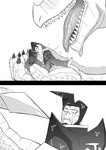 bodily_fluids chest_scar claws clothed clothing duo facial_scar male on_hand saliva saliva_covered saliva_string scales scar sharp_teeth teeth tongue karino_wagashi mythology zatch_bell! elzador vincent_bari dragon humanoid mythological_creature mythological_scalie scalie comic hi_res monochrome