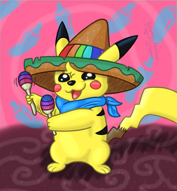 ambiguous_gender bisexual_pride_colors black_nose blue_scarf clothing feral hat headgear headwear lgbt_pride pattern_background pride_colors red_cheeks scarf simple_background solo sombrero yellow_body bagumy_awoo621 nintendo pokemon generation_1_pokemon mammal murid murine pikachu pokemon_(species) rodent hi_res