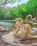 anthro boxers_(clothing) cane clothed clothing creek detailed_background eyes_closed heart_boxers heart_clothing heart_symbol heart_underwear male mountain nap outside peaceful plant river riverbank solo sunbathing topless tree underwear woodland chewycuticle spots_(spotthecat) cheetah felid feline mammal 2016 4:5 digital_media_(artwork) shaded