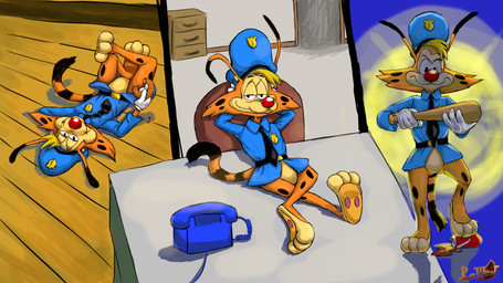 angry anthro backlighting baton black_spots blonde_hair blue_clothing bottomless can clothed clothing container crossed_legs dessert doughnut eating eating_food electronics food fur hair half-closed_eyes hat headgear headwear light long_tail lying lying_on_ground lying_on_table male narrowed_eyes on_ground orange_body orange_fur pastry paws phone police police_hat police_uniform red_nose smile smug_face solo spots stepped_on stick tail uniform ratteu bonkers_(series) disney bonkers_d._bobcat bobcat felid feline lynx mammal 16:9 hi_res lighting widescreen