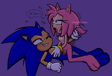 anthro anthro_on_anthro bodily_fluids breasts featureless_breasts female female_anthro female_on_top genital_fluids genitals hair interspecies intraspecies male male/female male_anthro on_top penetration penis pulling_hair sex small_breasts speech_bubble touching_hair vaginal vaginal_fluids vaginal_penetration nightbeea sega sonic_the_hedgehog_(series) amy_rose sonic_the_hedgehog eulipotyphlan hedgehog mammal hi_res