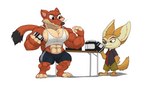 abs anthro biceps big_muscles bottomwear clothing duo male muscular muscular_anthro muscular_male pecs shirt shorts tank_top topwear undersized_clothing vein veiny_muscles kheel disney zootopia duke_weaselton finnick_(zootopia) canid canine fennec_fox fox mammal mustelid musteline true_fox true_musteline weasel hi_res