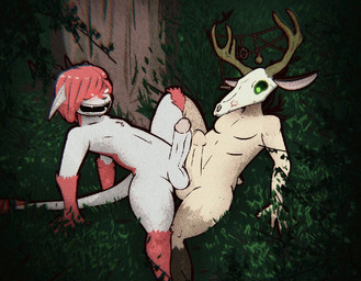 anthro anthro_on_anthro antler_accessory antlers balls balls_touching big_penis biped black_sclera bodily_fluids bone duo empty_eyes erection forest frottage fur genital_fluids genitals gloves_(marking) green_eyes hair horn humanoid_genitalia humanoid_penis male male/male markings multicolored_body multicolored_fur nude_anthro nude_male open_mouth outside_sex penile penis penises_touching plant precum red_body red_fur red_hair sex skull skull_head tree two_tone_body two_tone_fur white_body white_eyes white_fur skashi95 american_mythology indigenous_north_american_mythology mythology north_american_mythology bitey_(skashi95) canid canine grinion mammal wendigo 2025 2d_animation animated digital_media_(artwork) loop